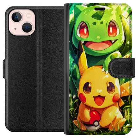 Kompatibelt Plånboksfodral till Apple Apple iPhone 13 mini Pikachu och Bulbasaur sitter tätt tillsammans i ett solglittrande skogslandskap och sprid
