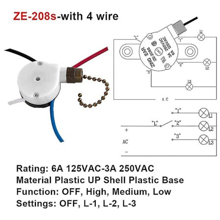 Takfläktströmbrytare Zing Ear Ze-208s E89885 3 Hastigheter 4-trådig Kedja C
