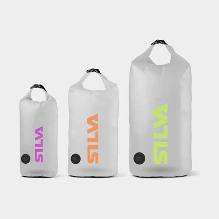 Drybag set / vattentäta packpåsar Silva TPU-V, 70D, 6/12/24 liter, med ventil & pannlampsfäste, transparent/lila/orange/gul, 3-pack