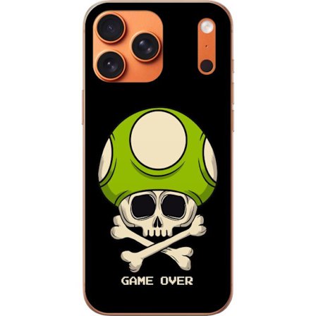 Kompatibelt Mobildeksel til Apple Apple iPhone 17 Pro Max Spilmotiv med dødsål og grønn sopp i retro gaming-stil med teksten game over
