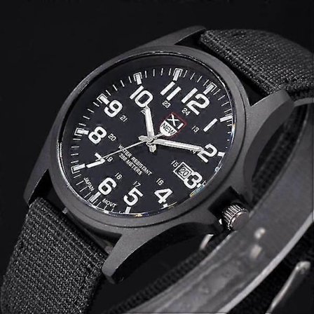 Miesten päivämääränäyttö ruostumattomasta teräksestä valmistettu sotilaallinen urheilu simulaatio kvartsikello, kudottu nylonhihna rento kello