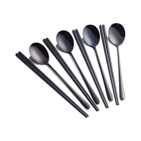 Pinner og skje sett, 4 farger gjenbrukbar metall rustfritt stål koreansk pinner skje sett julegave - svart