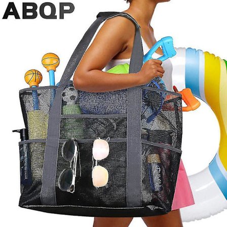 Stor strandväska med 8 fickor för sommarbruk - Nätväska för handdukar, leksaker, vattentät ficka för underkläder