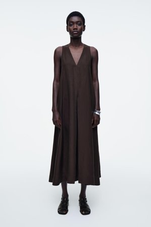 COS Women's A Line Linen Blend Maxi Dress in Brown