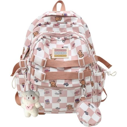 Söt Kawaii Ryggsäck för Tonårsflickor med Docka, Trendig Rutig Ryggsäck för Skolan Schackbrädesryggsäck. (Rosa)