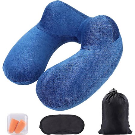 4 st mörkblå uppblåsbar resekudde, kompakt resekudde med tvättbart örngott, sovmask+öronproppar+bärväska