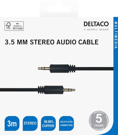 Deltaco Audio cable, 3.5mm, gold-plated, 3m, black