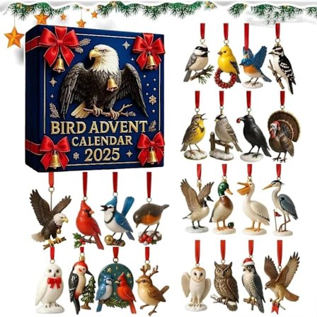 Fugle-julekalender 2025, 24 dagers nedtellingskalender til jul, 2D-hengende dekorasjoner i akryl til juletreet