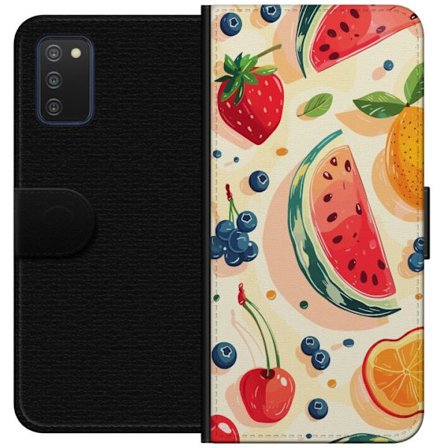 Kompatibel Tegnebogsetui til Samsung Galaxy A03s Legesyg frugtillustration med vandmelon, citrus, jordbær, kirsebær og bær