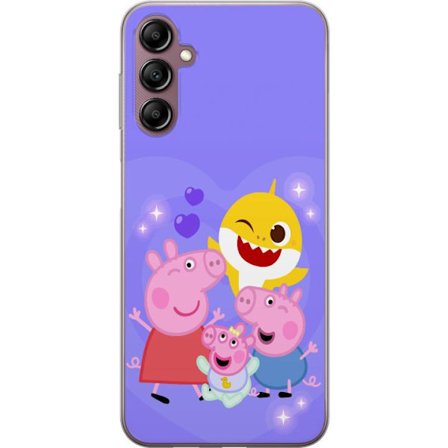 Kompatibel Mobilcover til Samsung Galaxy A14 5G Peppa Gris mønster med hjerter, sommerfugle og venner, lyserød baggrund i bløde børneillustratione