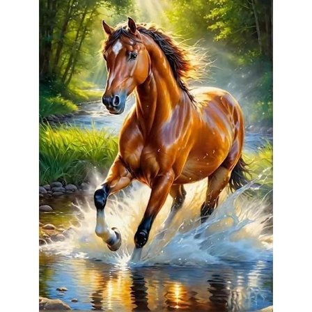 Hest i Natur Diamantkunst 5D DIY Rund Fuld Drill - Diamantperler Vægdekoration 30x40 cm