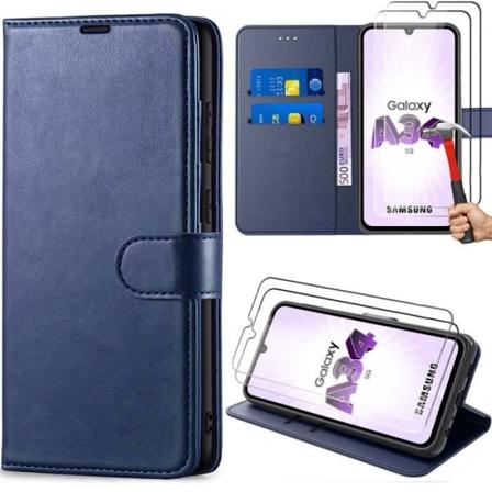 Flip-etui til Samsung Galaxy A34 5G marineblå lædereffekt + 2 anti-ridse hærdede briller marinblå
