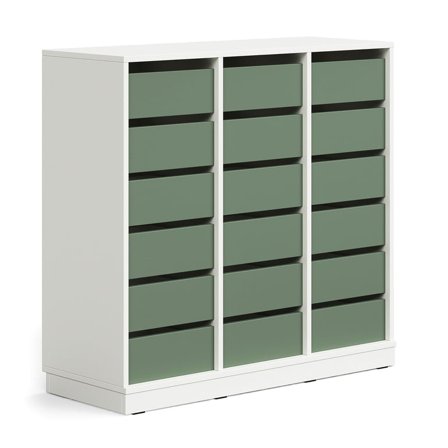 Student storage CASPER, 18 drawers, base frame, white/dark green