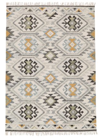 Tapis De Laine Géometrique Mirzapur Blanc Crème/Jaune Moutarde