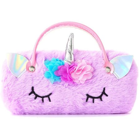 Flickor Pojkar Fluffy Faux Fur Unicorn Eyeglass Case Plush Eyewear Glasses Case Hård Skal med Handtag