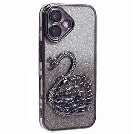 Kompatibelt deksel til iPhone 16, svane-design, flytende sand TPU-telefondeksel med glasslinsefilm (svart)