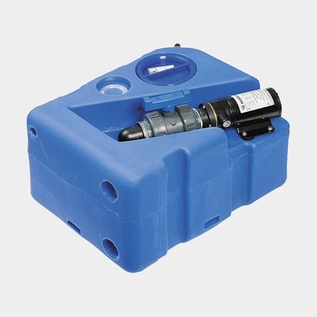 Holding tank / grey water tank, 40 litres, with macerator pump (12 V) & inspection hatch, 500 x 390 x 300 mm, MDPE (polyethylene), blue