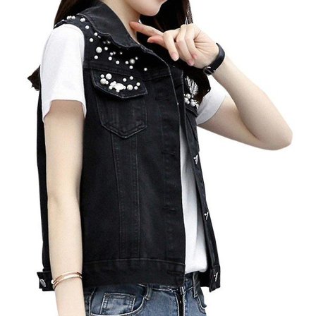 Damer casual bomull ensfärgad pärlstrimla lapel ärmlös jeansjacka Black L