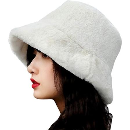 Stilig bøttehatt for kvinner, myk kunstig pels, fluffy, tykk, bred brem, nydelig varm vinterhatt for jenter White One Size
