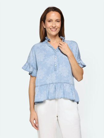 JENSEN - Kortærmet Bluse - Lys Blå - Blomstret
