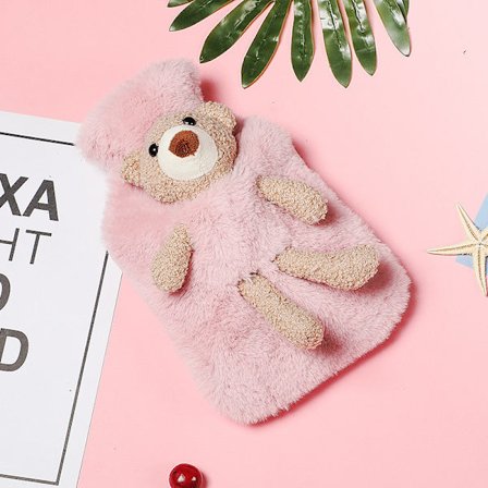 Kuumavesipullo karhulla pehmeällä kannella makuupussiin (1L, vaaleanpunainen)