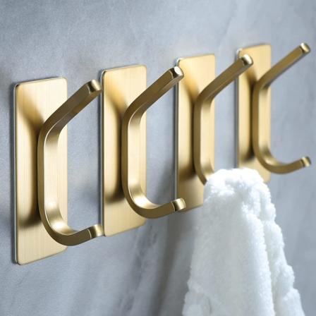Håndklædekroge / selvklæbende kroge - vægkroge i børstet guld til frakker, hatte, håndklædekroge, badeværelses- og soveværelsessæt med 4, Stai
