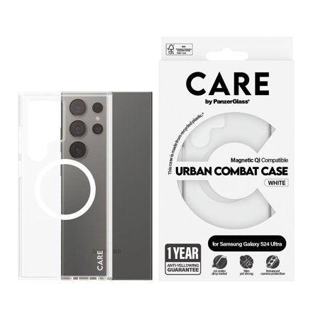 CARE by Panzer Flagship Case Transparent Urban Combat w. White Qi Compatible Samsung Galaxy S24 Ultra PanzerGlass - High quality tempered glass screen