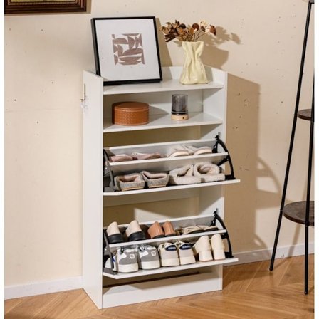 COSTWAY Kenkäkaappi 2 Laskettavalla Laatikoilla, Avoin Säilytys, Kenkähylly Eteiseen, Käytävään, Halliin, Oleskeluhuoneeseen Valkoinen