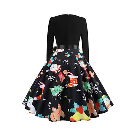 Jule- og Halloween-kjole for kvinner, langermet A-linje, stort skjørt, cocktailkjole, festival karneval og kjole med sløyfebelte