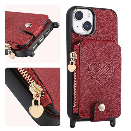 Etui til iPhone 13 vinrød med lang snor, lychee-mønster, kærlighedskortholder, crossbody fashion