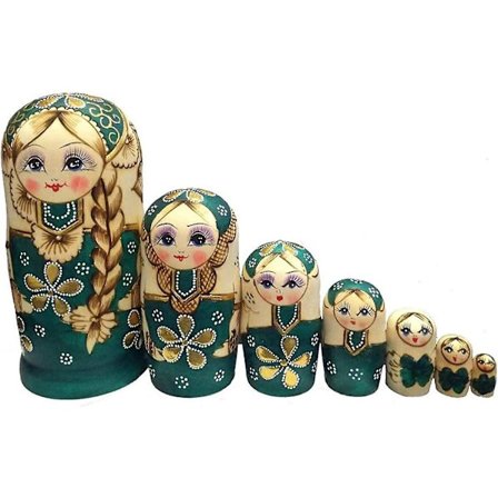 Russiske Matrosjka-Dukker Håndverk Ornamenter - Tre Stablet Nestsett Med 7 Nydelige Grønne/blå Gensere - Dekorative Ønskegaver