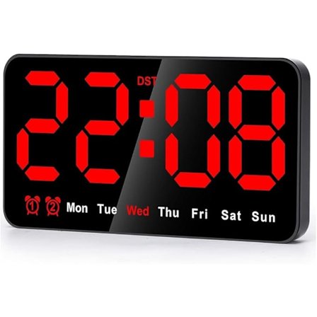 Digitalt vægur, 9-tommers LED digitalt ur med 12/24 timer, store tal, lille lydløst vægur sortrøde bogstaver