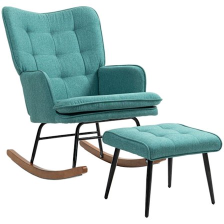 Gungstol, upp till 130 kg, gungstol med pall, fåtölj, amningsstol med linnelook, gungstol för sovrum