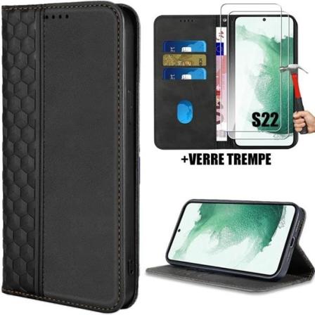 Etui til Samsung Galaxy S22, anti-ridse tegnebogscover Elegant lædereffekt sort + 2 skærmbeskytter i hærdet glas