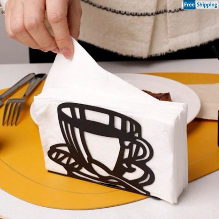 Servietboks, dug og serviet opbevaringsstativ, kreativ kaffekop-formet servietboks, smedejerns servietholder.