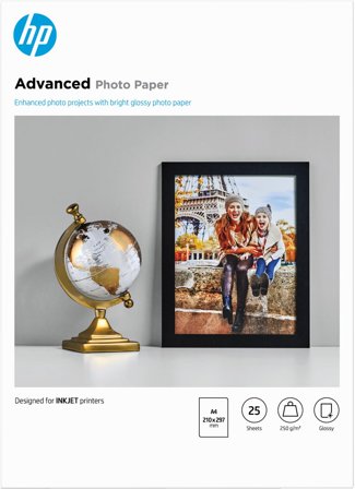 HP Advanced Photo-papper, glättat, 250 g/m2, A4 (210 x 297 mm), 25 ark, 882780349551