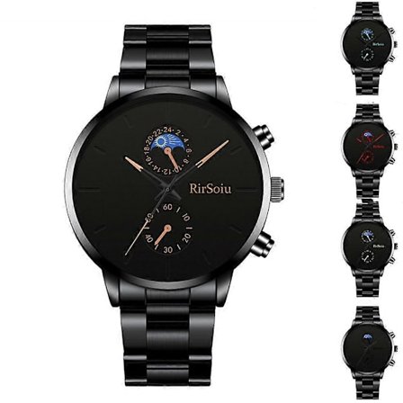 Klassisk Sort Simpel Herre-ur Rosso Månefase Dekoration Legering Stål Rem Kvarts Ur Mænd