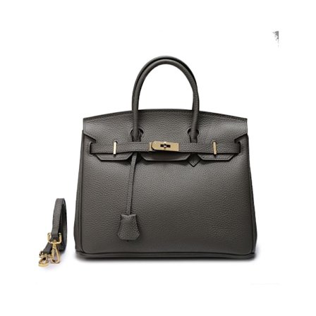 Elegant mørkegrå håndtaske i koeskindslook 35 cm i lychee-stil med sølvdetaljer