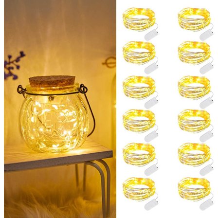 12-pack batteridrivna ljusslingor, 2 m 20 LED-ljusslingor, vattentäta mini-LED-slingor för flaska, bröllop, fest, jul, sovrumsljusslingor - varmvit