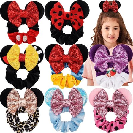 IC Musöron Scrunchies, 8-pack Glimrande Paljetter Hårrosetter för Mickey Mouse Sammet Hår Scrunchies Hår Elastiska Slipsar Minnie Hår