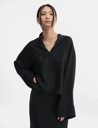 Ahlvar Gallery Nina V-Neck Silk Blouse - Black - XL