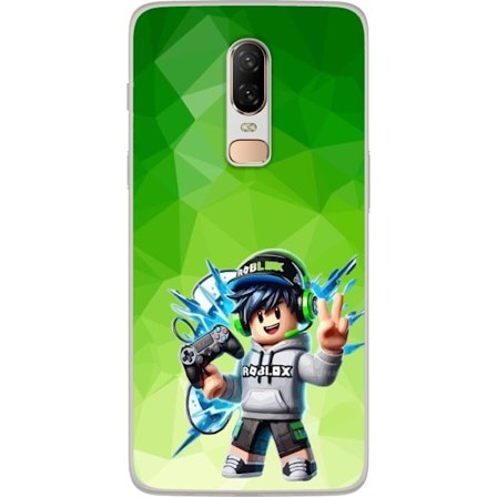 Yhteensopiva Puhelinkuori OnePlus 6 Roblox-inspiroitu pelaajahahmo, jossa on kuulokkeet, ohjain ja energiset efektit vihreää taustaa vasten