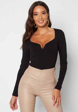 Bubbleroom - Square V-neck Long Sleeve Top - Black - Kläder