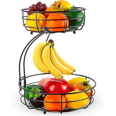 Fruktkorg med 2 våningar och bananhållare, metallkorg i flera nivåer för frukt och grönsaker samt hushållsartiklar (svart)