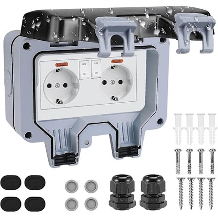Udendørs Stikkontakt Overflademonteret, IP66 Vejrbestandig Fortykket Vægstikkontakt Med Kontaktindikatorlys 2 Rum Udendørs 16a Havestikkontakt