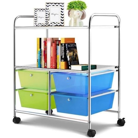 COSTWAY Säilytysvaunu Pyörillä - 4 Laatikkoa ja 2 Hyllyä 63,5 x 37 x 75 CM Metallirunko, Sininen ja Vihreä