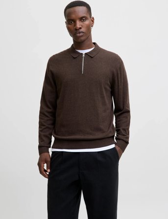Jack & Jones Jjeemil Knit Polo Half Zip Ls Noos - Brown - M