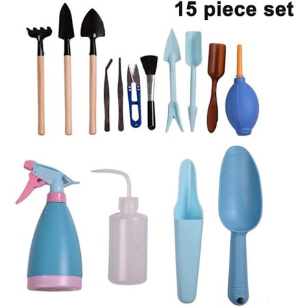 15 stykker mini havehåndværktøj planteværktøj haveværktøjssæt sukkulentværktøjer til sukkulenter, minihaver indendørs, blå