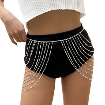 Kristall midjekedja med tofsar, magkedja med strass, sexig strandnattklubb rave-kroppsaccessoarer, smycken för kvinnor och flickor (silver)