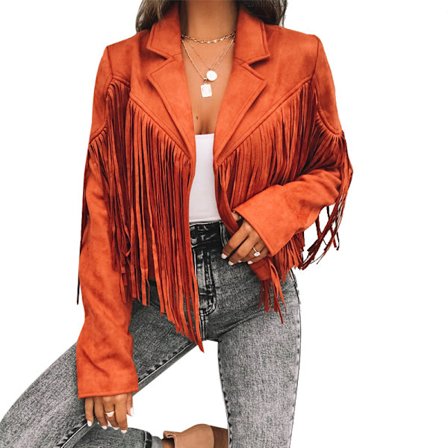 Damejakke i kunstskinn med frynser, motorsykkeljakke med åpen front og frynser ORANGE